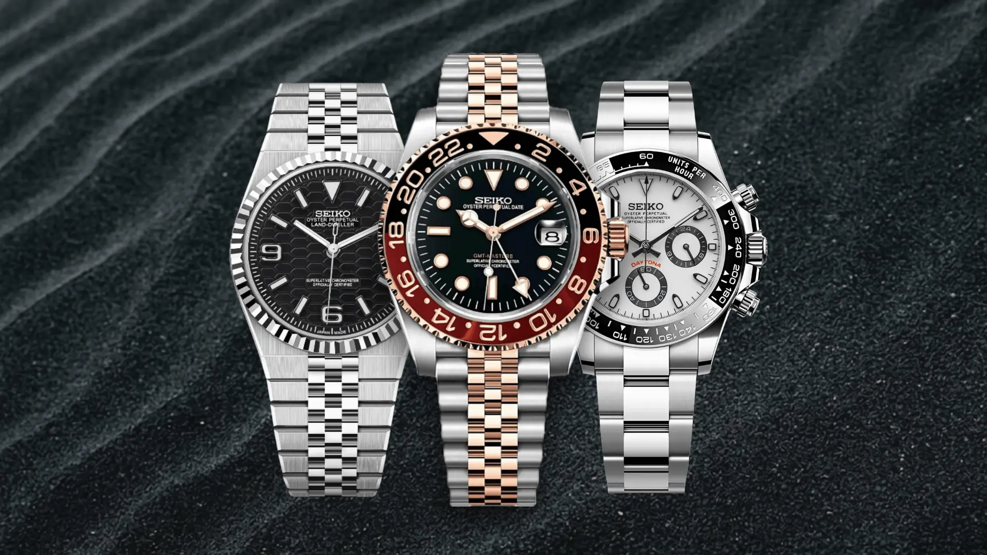 Três relógios LBWATCHES sobre areia escura